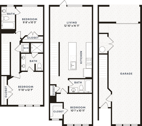Floor plan for 3 beds, 3 baths, 1830 sqft
